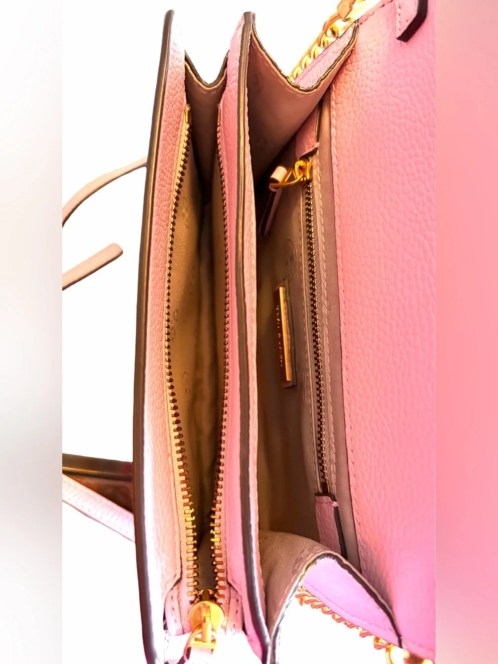 Tory Burch Britten Convertible Leather Shoulder Bag Crossbody Pink Big Gold Logo